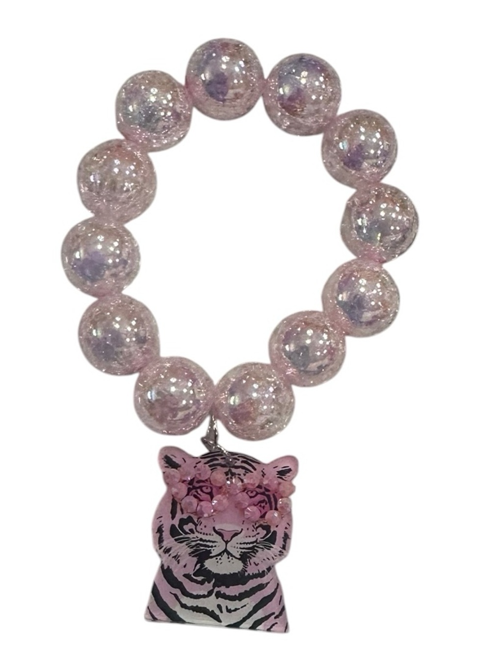 Haus of Lenora Pink Iridescent Crackle Bead Stretch Bracelet with Crystal Tiger